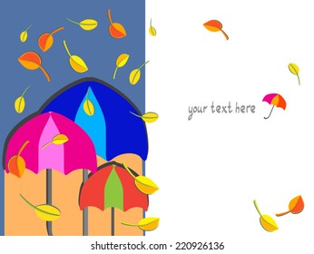 Umbrella vertical page design. Autumn leaf fall. Multicolor umbrellas creating protection area with warm light. Comfort, care and protection illustration. Vector design element. With place for text.