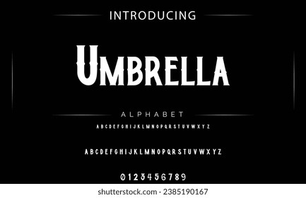 Umbrella Vintage decorative font. Lettering design in retro style with label. Perfect for alcohol labels, logos, shops and many other.