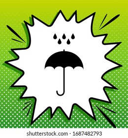 Umbrella with water drops. Black Icon on white popart Splash at green background with white spots. Illustration.