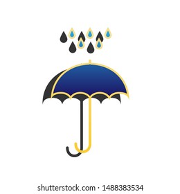 Umbrella with water drops. Blue icon with gold contour with dark gray shadow at white background. Illustration.