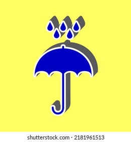 Umbrella with water drops. Blue Icon with white stroke in 3d at yellow Background. Illustration.
