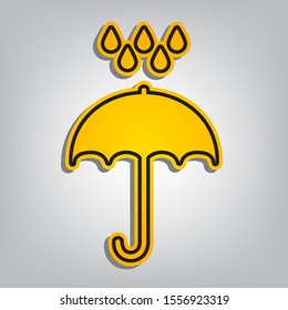 Umbrella with water drops. Flat orange icon with overlapping linear black icon with gray shadow at whitish background. Illustration.