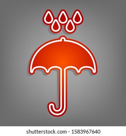 Umbrella with water drops. Flat red icon with linear white icon with gray shadow at grayish background. Illustration.
