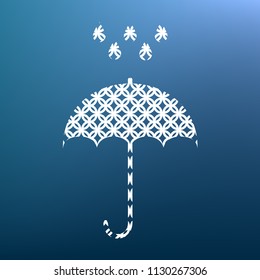 Umbrella with water drops. Rain protection symbol. Flat design style. Vector. White textured icon at lapis lazuli gradient background.