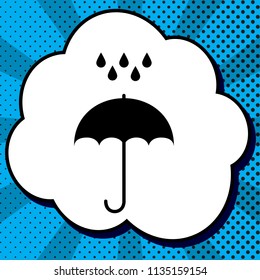 Umbrella with water drops. Rain protection symbol. Flat design style. Vector. Black icon in bubble on blue pop-art background with rays.