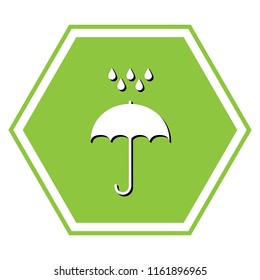 Umbrella with water drops. Rain protection symbol. Flat design style. Vector. White icon with black shadow at yellow green honeycomb on white background.
