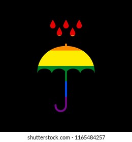 Umbrella with water drops. Rain protection symbol. Flat design style. Vector. Icon with colors of LGBT flag at black background.