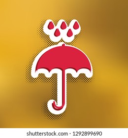 Umbrella with water drops. Rain protection symbol. Flat design style. Vector. Magenta icon with darker shadow, white sticker and black popart shadow on golden background.