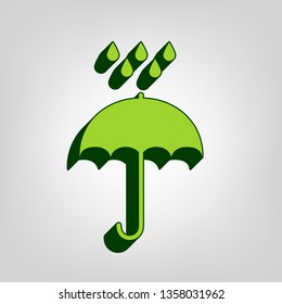 Umbrella with water drops. Rain protection symbol. Flat design style. Vector. Yellow green solid icon with dark green external body at light colored background.