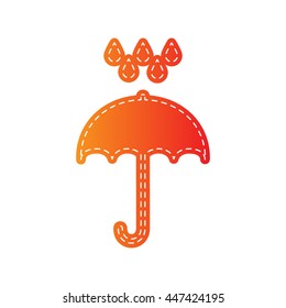 Umbrella with water drops. Rain protection symbol. Flat design style. Orange applique isolated.