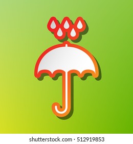 Umbrella with water drops. Rain protection symbol. Flat design style. Contrast icon with reddish stroke on green backgound.