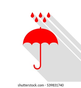 Umbrella with water drops. Rain protection symbol. Flat design style. Red icon with flat style shadow path.