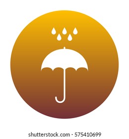 Umbrella with water drops. Rain protection symbol. Flat design style. White icon in circle with golden gradient as background. Isolated.