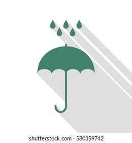 Umbrella with water drops. Rain protection symbol. Flat design style. Veridian icon with flat style shadow path.