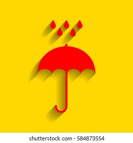 Umbrella with water drops. Rain protection symbol. Flat design style. Vector. Red icon with soft shadow on golden background.