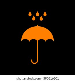 Umbrella with water drops. Rain protection symbol. Flat design style. Orange icon on black background.