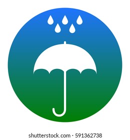 Umbrella with water drops. Rain protection symbol. Flat design style. Vector. White icon in bluish circle on white background. Isolated.