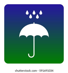 Umbrella with water drops. Rain protection symbol. Flat design style. Vector. White icon at green-blue gradient square with rounded corners on white background. Isolated.