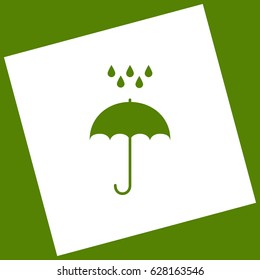 Umbrella with water drops. Rain protection symbol. Flat design style. Vector. White icon obtained as a result of subtraction rotated square and path. Avocado background.