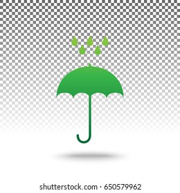 Umbrella with water drops. Rain protection symbol. Flat design style. Vector. Green gradient icon with shadow at bottom on transparent and white background.