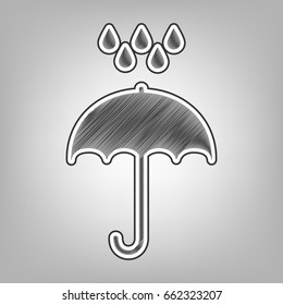 Umbrella with water drops. Rain protection symbol. Flat design style. Vector. Pencil sketch imitation. Dark gray scribble icon with dark gray outer contour at gray background.