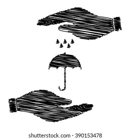Umbrella with water drops. Save or protect symbol by hands with scribble effect.