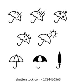 Umbrella and weather icons set, flat design symbols. Collection of weather pictograms isolated on a white background. Vector illustration