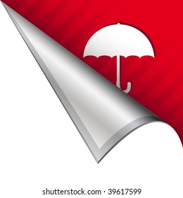 Umbrella weather or protection icon on vector peeled corner tab suitable for use in print, on websites, or in advertising materials.