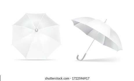 Umbrella white mockup. Brand parasol round with polished handle from sun rain top and side view, seasonal protective fabric symbol protection any weather. Vector mockup isolated on white.