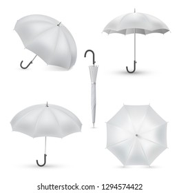 Umbrella white rainy season accessory realistic set to protect from rain or sun, close and opened. Vector illustration on white background