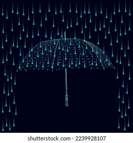 Umbrella wireframe in the rain from blue lines with glowing lights from blue lines isolated on a dark background. 3D. Vector illustration.