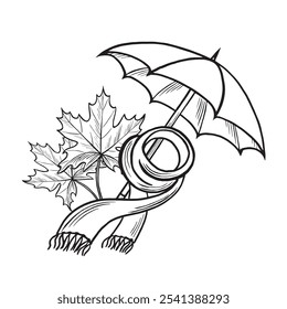 Umbrella with wrapped woolen scarf and maple leaves. Cozy autumn composition. Vector illustration hand drawn isolated. Fall rainy weather arrangement. Warm clothe. Clipart for card, print, website.