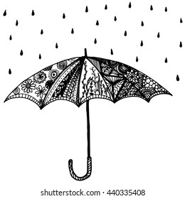 umbrella, Zen tangle stylized head of a umbrella. Doodle style vector illustration on white background. Sketch design and could be used for adult coloring book