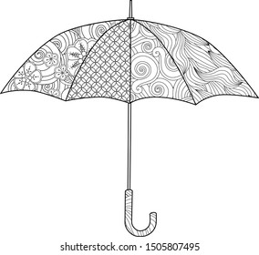 Umbrella in Zentangle inspired doodle style isolated on white. Coloring book page for adult and older children.