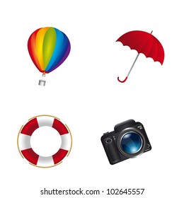 umbrella,float with air balloon and camera isolated. vector