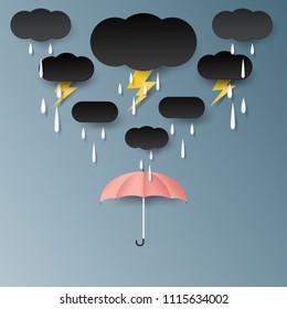 Umbrella,rain,cloud and thunderbolt on monsoon and rainy season background paper art style.Vector illustration.