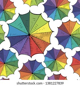 Umbrellas background. Seamless vector pattern, hand drawn rainbow colored umbrellas without background. Wallpaper pattern, doodle of umbrellas. Vector backdrop.