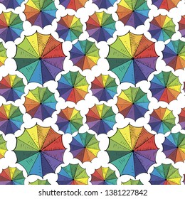 Umbrellas background. Seamless vector pattern, hand drawn rainbow colored umbrellas without background. Wallpaper pattern, doodle of umbrellas. Vector backdrop.