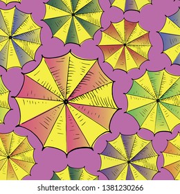 Umbrellas background. Seamless vector pattern, hand drawn colored umbrellas on the pink background. Wallpaper pattern, doodle of umbrellas. Vector backdrop.