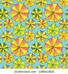 Umbrellas background. Seamless vector pattern, hand drawn colored yellow umbrellas on the blue background. Wallpaper pattern, doodle of umbrellas. Vector backdrop.