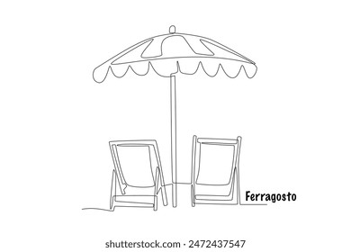 Umbrellas and beach chairs. Ferragosto concept one-line drawing