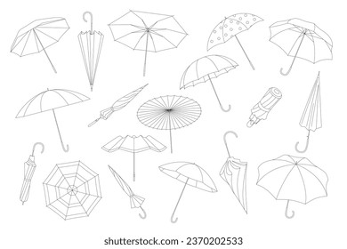 Umbrellas black line icons set vector illustration. Doodle style open and closed parasols with handles collection, simple sketch of retro fashion accessory to protect from rain weather and raindrops