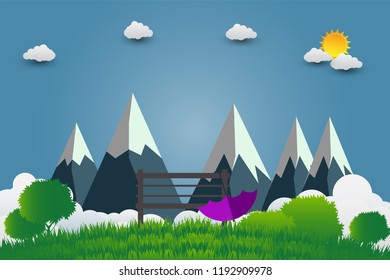 umbrellas and chair, mountains with beautiful sunsets over the clouds.vector illustration
