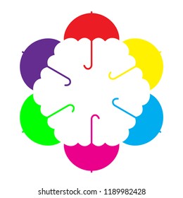 Umbrellas circle. Icon. Six bright different colors umbrellas. Logo. Vector illustration.