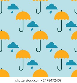 Umbrellas with cloud and raindrop. Seamless patterns. Autumn and spring pattern. Vector flat illustration.