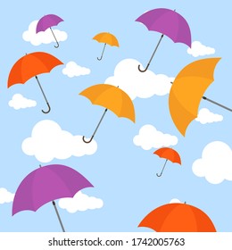 Umbrellas in the clouds. Background image of multi-colored umbrellas on a background of the sky with clouds. Vector, cartoon illustration. Vector.