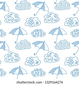 Umbrellas and clouds. Outline, doodle. Vector.