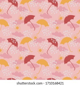 Umbrellas, clouds, rain, and suns seamless vector pattern. Springtime weather surface print design. For fabrics, stationery and packaging.