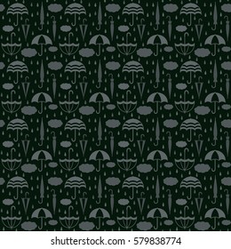 Umbrellas with clouds and raindrops on black background vector seamless pattern