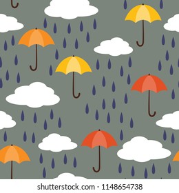 Umbrellas, clouds and raindrops. Seamless background.